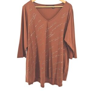 Susan Graver Weekend Brown Embellished V Neck 3/4‎ Sleeve Top Plus Size 1X Bling